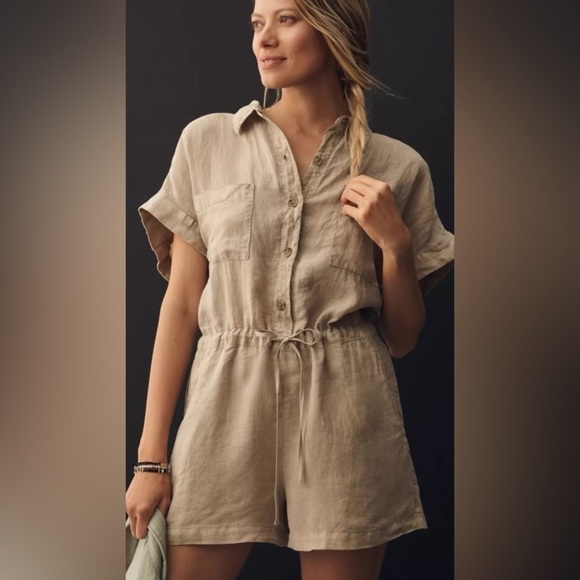 Velvet by Graham & Spencer Pants - Velvet by Graham & Spencer Clare Short  Sleeve Linen Romper Sand M NWT